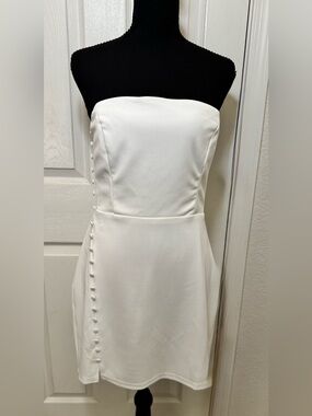 Lulu's Strapless White Midi Dress with Side Covered Buttons